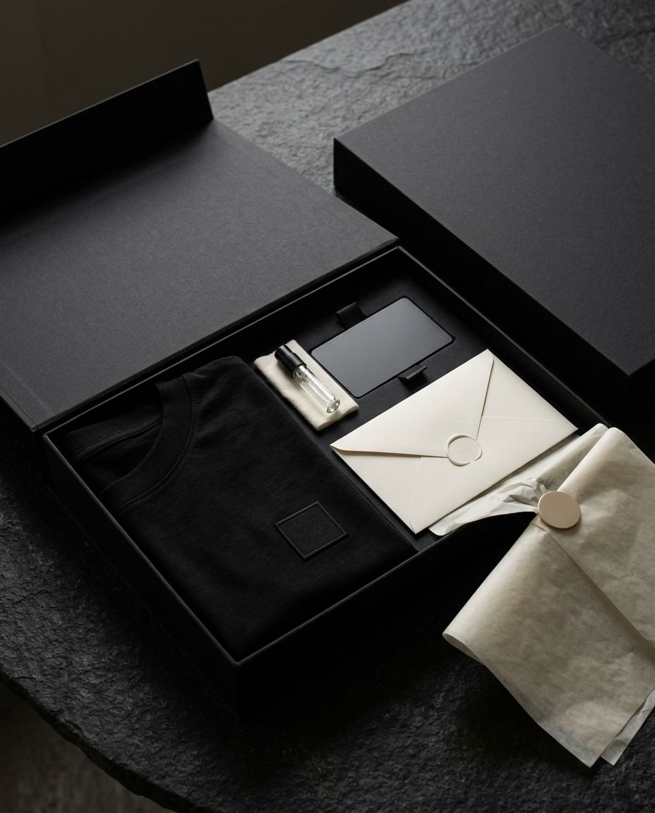 Coffret noir du Cercle Fondateur contenant une pièce textile, une carte et un échantillon.