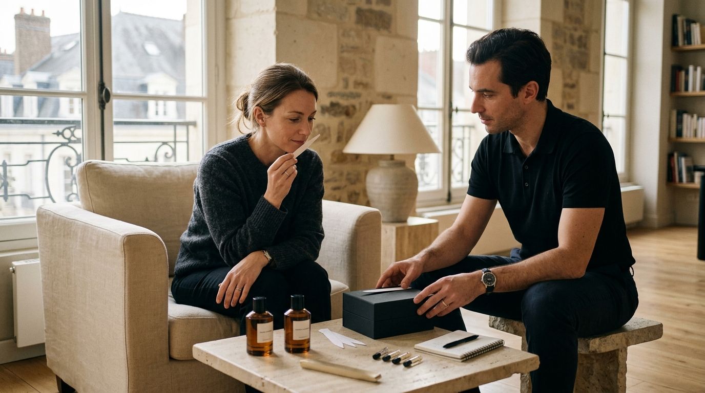 Conseiller La Fragrance présentant des touches à parfum à une cliente dans son intérieur.